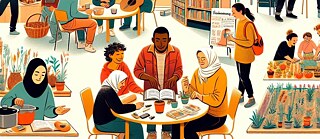 Dessin : des personnes d'origines différentes dans une bibliothèque en train de faire du jardinage, de la musique et de la cuisine