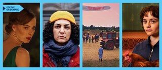 Four film stills on a light blue background: a woman in a green dress looks back over her shoulder; a woman with curly hair and a yellow cap looks directly into the camera; in a field at dusk, people and tractors gather to dance; a woman with short brown hair sits on a staircase holding a chicken in her arms.