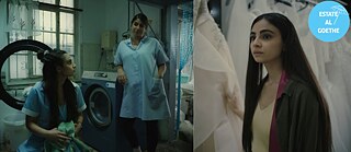 Fermi immagini tratte dal film Elaha. Foto a sinistra: due donne conversano nel retro di una lavanderia. Foto a destra: una ragazza guarda i vestiti da sposa appesi in un negozio