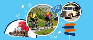 A collage with pictures of excursion elements. A hiking rucksack next to hiking boots; a couple riding bicycles; an excursion bus.