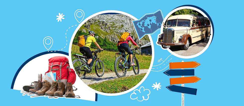 Eine Collage mit Bildern von Ausflugselementen. Ein Wanderrucksack neben Wanderschuhen; ein Paar, das Fahrrad fährt; ein Ausflugsbus.