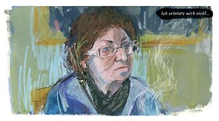 Zeichnung einer Frau in Blau- und Gelbtönen mit braunem Haar, blauen Augen und einer Brille