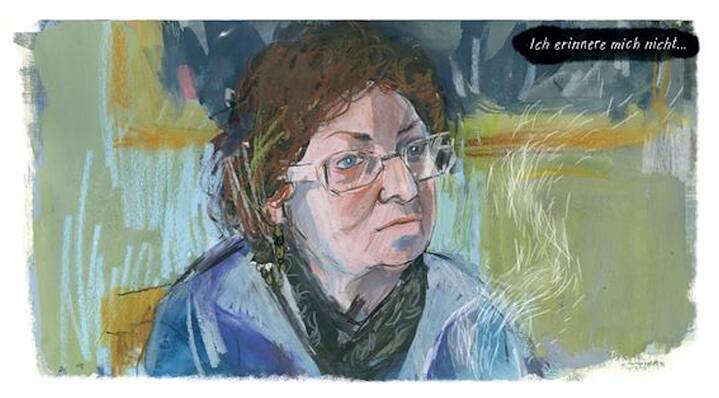 Zeichnung einer Frau in Blau- und Gelbtönen mit braunem Haar, blauen Augen und einer Brille