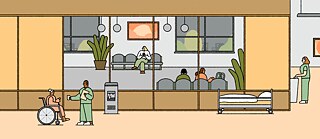 Illustration einer Krankenhauslobby: Patientinnen und Patienten warten im Aufenthaltsbereich, während Pflegekräfte im Hintergrund ihren Aufgaben nachgehen.