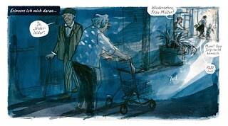 Zeichnung einer älteren Frau mit Rollator und eines älteren Manns mit Stock; ferner eine Mutter mit Kind.