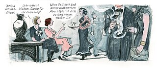 Zeichnung einer eleganten Party in einer Privatwohnung, 1930er Jahre