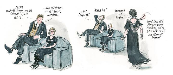 Zeichnung von zwei Personen, die sich auf einem Sofa unterhalten, während sie auf einer eleganten Party in einer Privatwohnung sind, 1930er Jahre.