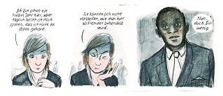 Zeichnung von zwei Personen, die sich während einer eleganten Party in den 1930er Jahren in einer privaten Wohnung an der Bar unterhalten.