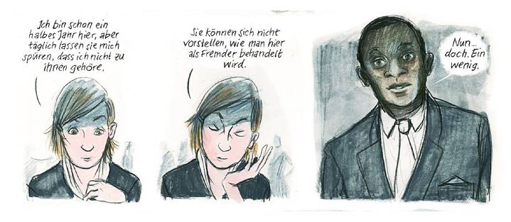 Zeichnung von zwei Personen, die sich während einer eleganten Party in den 1930er Jahren in einer privaten Wohnung an der Bar unterhalten.