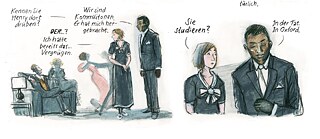 Zeichnung von zwei Personen, die sich während einer eleganten Party in einer Privatwohnung unterhalten, 1930er Jahre