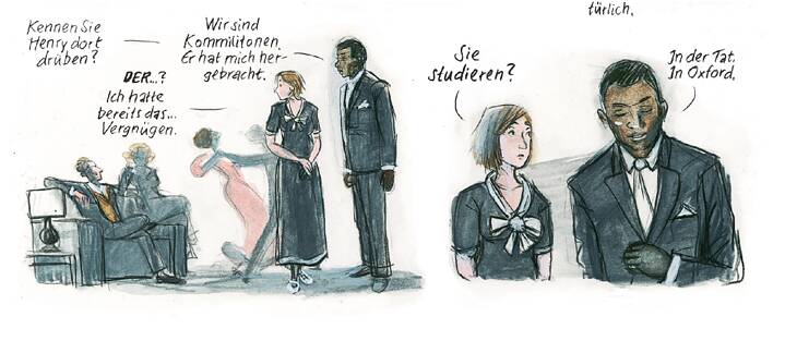 Zeichnung von zwei Personen, die sich während einer eleganten Party in einer Privatwohnung unterhalten, 1930er Jahre