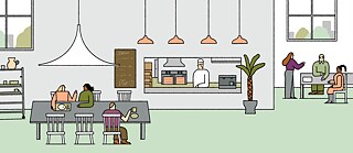 Illustration einer Bürokantine: ein Koch steht an der Essensausgabe, Mitarbeiter und Mitarbeiterinnen sitzen an Tischen, essen und unterhalten sich.