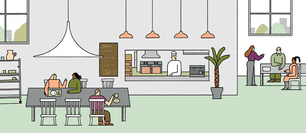 Illustration einer Bürokantine: ein Koch steht an der Essensausgabe, Mitarbeiter und Mitarbeiterinnen sitzen an Tischen, essen und unterhalten sich.