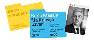Grafische Ankündigung einer Veranstaltung aus der Reihe „Starp rindiņām – Kultūra un politika dialogā“. Links zwei überlappende, farbige Karten in Gelb und Blau. Auf der blauen Karte stehen Titel und Angaben zur Veranstaltung: „Karlo Masala ‚Ja Krievija uzvar‘“, szenische Lesung und Diskussion, Termin am 27.01. um 18:00 Uhr. Zudem werden Gints Grūbe als Gesprächsleiter und Jānis Balodis als Regisseur der Lesung genannt. Rechts eine schwarz-weiße Porträtaufnahme in einem stilisierten, leicht geneigten Fensterrahmen.