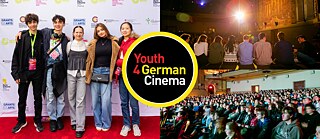 Das Bild ist eine Collage aus drei Fotos und dem Logo „Youth 4 German Cinema“. Links steht eine Gruppe von fünf Jugendlichen auf einem roten Teppich vor einer Sponsorenwand und lächelt in die Kamera. Rechts oben sitzen mehrere Personen in einer Reihe auf einer Bühne und sprechen vor einem voll besetzten Kinosaal. Rechts unten sieht man einen großen Kinosaal mit vielen Zuschauer*innen, die auf die Leinwand blicken.