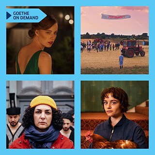 Four film stills on a light blue background: a woman in a green dress looks back over her shoulder; a woman with curly hair and a yellow cap looks directly into the camera; in a field at dusk, people and tractors gather to dance; a woman with short brown hair sits on a staircase holding a chicken in her arms.