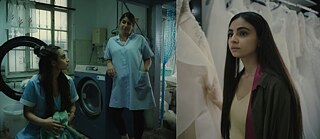 Filmstills aus Elaha. Foto links: Im Hinterzimmer einer Wäscherei unterhalten sich zwei Frauen. Foto rechts: Eine junge Frau betrachtet die in einem Geschäft aufgehängten Brautkleider.