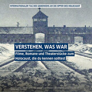 Foto von Birkenau mit Text: Internationaler Tag des Gedenkens an die Opfer des Holocaust. Verstehen, was war