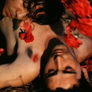 Ein junger Mann mit bloßem Oberkörper liegt auf dem Boden im Gras, um ihn herum rote Rosen. Ein anderer Mann liegt mit seinem Kopf auf seiner Brust mit geschlossenen Augen.