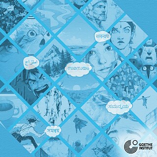 Collage of illustrated scenes and characters in blue tones, with words in different scripts inside speech bubbles. Goethe-Institut logo in the corner.
