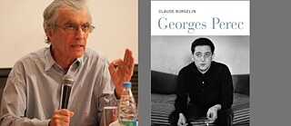 Das Bild ist in zwei Hälften geteilt und zeigt zwei unterschiedliche Motive nebeneinander. Auf der linken Seite befindet sich eine Person, die an einem Tisch sitzt. Sie (Claude Burgelin) trägt ein helles, langärmliges Hemd mit offenem Kragen. In der rechten Hand hält sie ein Mikrofon, als würde sie gerade sprechen oder einen Vortrag halten. Die linke Hand ist leicht erhoben, was auf eine erklärende Geste hindeutet. Auf dem Tisch vor ihr stehen ein klares Trinkglas und eine kleine Plastikflasche mit Wasser. Die rechte Seite zeigt das Cover eines Buches. Es ist in Schwarz-Weiß gehalten und zeigt eine Person, die auf einem Bett oder einer gepolsterten Bank sitzt. Die Person trägt ein dunkles, langärmliges Oberteil mit Knopfleiste. Die Hände ruhen auf den Knien, in der rechten Hand wird eine Zigarette gehalten. Im oberen Bereich des Covers steht in großen Buchstaben „CLAUDE BURGELIN“, darunter in hellblauer Schrift „Georges Perec“. 