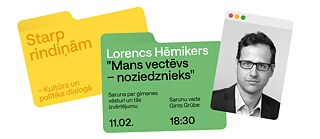 Grafische Veranstaltungseinladung mit farbigen, übereinanderliegenden Karteikarten. Auf einer gelben Karte steht in der lettischen Sprache „Starp rindiņām – Kultūra un politikā dialogā“. Daneben befindet sich eine grüne Karte mit dem Hinweis auf eine Lesung und ein Gespräch mit Lorenz Hemicker mit dem Titel in der lettischen Sprache „Mein Großvater, der Täter“, ergänzt durch die Beschreibung in der lettischen Sprache „Gespräch: Familiengeschichte und Aufarbeitung“. Unten stehen Datum und Uhrzeit: „11.02.“ und „18:30“. Rechts ist ein stilisiertes Foto von Lorenz Hemicker im Porträtformat zu sehen.