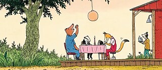 Zeichnung von diversen Waldtieren am Tisch unter einem großen Baum