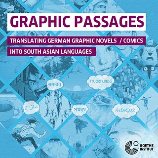 Collage of illustrated scenes and characters in blue tones, with words in different scripts inside speech bubbles. Goethe-Institut logo in the corner.