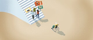 Eine Frau im Rollstuhl beobachtet eine Gruppe von Menschen, die mit Protestschildern eine Treppe hinaufgehen. Die Schilder zeigen Symbole für Inklusion und Vielfalt. Die Treppe hat keine Rollstuhlrampe.