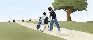 Eine Illustration: Eine junge Frau schiebt eine andere junge Frau in einem Rollstuhl auf einem Weg Richtung mehrerer großer weißer Zelte. Man sieht sie seitlich von hinten. Rechts und Links vom Weg ist grüne Wiese und rechts ein Baum.