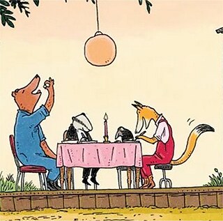 Zeichnung von diversen Waldtieren am Tisch unter einem großen Baum