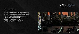 Rooftop cinema at sunset with a skyline view, lounge chairs, and a film projection.