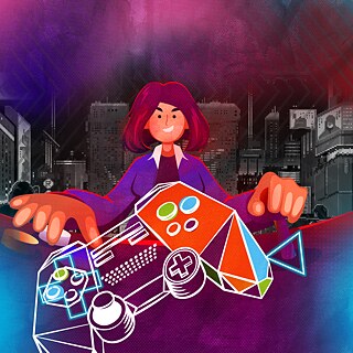Eine Illustration zeigt eine junge Frau, die einen leuchtenden, geometrischen Game‑Controller gestaltet. Im Hintergrund ist eine stilisierte Stadt vor einem farbigen, futuristischen Himmel zu sehen. Das Bild steht für Kreativität, Game Design und technisches Empowerment junger Frauen.