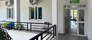 Goethe-Institut Kinshasa – Heller Flur mit Pflanzen und Blick auf den geöffneten Büroeingang. 