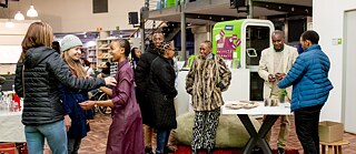 A book launch taking place in the Goethe-Institut library: Inhabiting the Library. Book launch of Songbird on the Sea