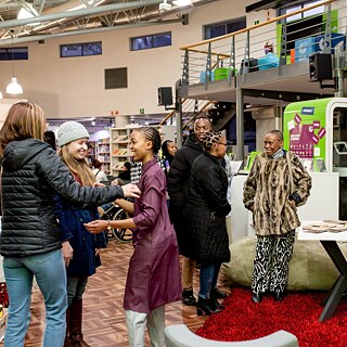 A book launch taking place in the Goethe-Institut library: Inhabiting the Library. Book launch of Songbird on the Sea