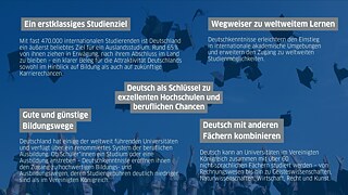 Ein beliebtes Studienreiseziel: Mit fast 470.000 internationalen Studierenden ist Deutschland ein beliebtes Ziel für ein Auslandsstudium. Rund 65 % von ihnen erwägen, nach ihrem Abschluss zu bleiben – ein Beweis für die Attraktivität des Landes sowohl in Bezug auf Bildung als auch auf Zukunftschancen.  Tor zum globalen Lernen: Deutschkenntnisse erleichtern den Übergang in internationale akademische Umgebungen und verbessern den Zugang zu globalen Studienmöglichkeiten.  Hochwertige und erschwingliche Bildungswege: Deutschland beherbergt einige der weltweit besten Universitäten und verfügt über ein renommiertes Berufsausbildungssystem. Unabhängig davon, ob sich Studierende für ein Studium oder eine Ausbildung entscheiden, eröffnet das Erlernen der deutschen Sprache Zugang zu hochwertiger Bildung und Ausbildung, wobei die Studiengebühren deutlich niedriger sind als in Großbritannien.  Deutsch mit anderen Fächern kombinieren: Deutsch kann an Universitäten in ganz Großbritannien neben über 60 nicht-sprachlichen Fächern – von Buchhaltung bis Geisteswissenschaften – studiert werden, darunter Naturwissenschaften, Wirtschaft, Recht und Kunst.