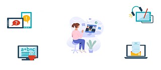 Auf der Illustration ist ein Mädchen zu sehen, das vor einem Computerbildschirm sitzt und an einer Online-Veranstaltung teilnimmt.