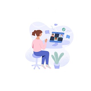 Auf der Illustration ist ein Mädchen zu sehen, das vor einem Computerbildschirm sitzt und an einer Online-Veranstaltung teilnimmt.