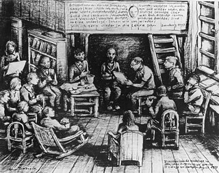 Discussion about the Spanish Civil War in 1939 at Brecht's home in Liningo. Drawing by Tombrock, 1939.  Academy of Arts, Berlin; Bertolt Brecht Archive