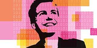 Eine stilisierte Silhouette einer Person vor einem farbenfrohen Hintergrund aus überlappenden Rechtecken in Rosa‑, Orange‑ und Gelbtönen. Über dem gesamten Bild liegen binäre Zahlenfolgen aus Einsen und Nullen, die wie ein digitales Muster wirken.