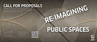 Graphic by the Goethe‑Institut Namibia with a concrete paving background promoting the call ‘Re‑Imagining Public Spaces’ for small, low‑tech public‑space interventions
