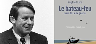 Siegfried Lenz avec pipe et couverture du livre Le bateau-feu