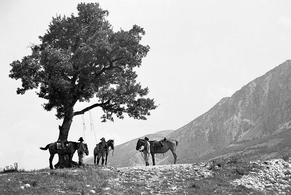 Drei Männer mit breitkrempigen Hüten stehen neben drei bepackten Maultieren unter einem großen Baum. Die Szene ist in Schwarz‑Weiß gehalten. Die Landschaft ist felsig und uneben, im Hintergrund erheben sich steile Berge. Die Männer wirken, als würden sie eine Pause einlegen oder sich auf den weiteren Weg vorbereiten. Die Stimmung ist ruhig, aber von Anstrengung geprägt.