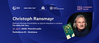 Banner für eine Diskussion über den Roman „Cox alebo beh času“ mit Veranstaltungsinformationen, Buchcover und Logos der beteiligten Institutionen auf blauem Hintergrund.