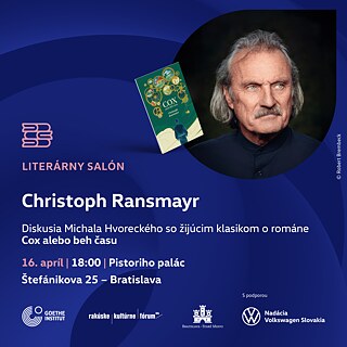 Propagačná grafika na literárne podujatie s názvom „Literárny salón: Christoph Ransmayr“, s informáciami o termíne v Pistoriho paláci a logami partnerských organizácií.