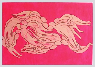 Ein abstraktes Gemälde in Rosa, das eine vielfältige Gruppe von menschlichen Körpern zeigt, die in einer lebendigen Komposition miteinander interagieren.