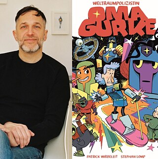Foto von Stephan Lomp. Cover des Buchs "Weltraumpolizistin Oma Gurke"