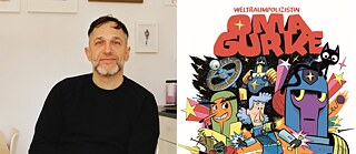 Foto von Stephan Lomp. Cover des Buchs "Weltraumpolizistin Oma Gurke"