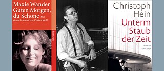 À gauche, la couverture de « Guten Morgen, du Schöne » en rouge, avec une femme souriante et un lettrage blanc ; au centre, une photo en noir et blanc de Gundermann, vêtu d'une chemise rayée, regardant vers la droite, sa guitare à la main ; à droite, la couverture de « Unterm Staub der Zeit » avec un homme et un petit garçon dans le coin inférieur gauche de la pochette. 